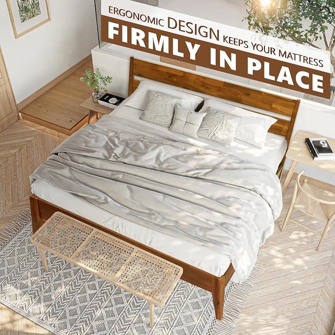 Acacia Emery Bed Frame with Headboard Solid Wood Platform Bed, King Size Bed Frame, Mid - Century Modern Wood Bed Compatible with All Mattresses, Easy Assembly, Non-Slip, Caramel.
