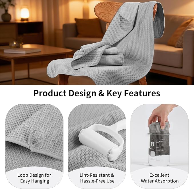 MICROFI Waffle Weave Bath Towel Set, Microfiber, 4 Pieces (Body/Hair/Hand/Face), Quick Dry, Lightweight, Super Absorbent, Lint Free, 380 GSM (Silver)