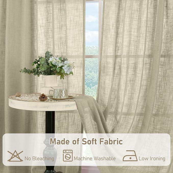 LAMIT Oatmeal 72 inch Linen Curtains for Living Room 2 Panels, Linen Textured Light Filtering Semi Sheer Back Tab and Rod Pocket Panels for Bedroom/Farmhouse, 52 x 72 Inch
