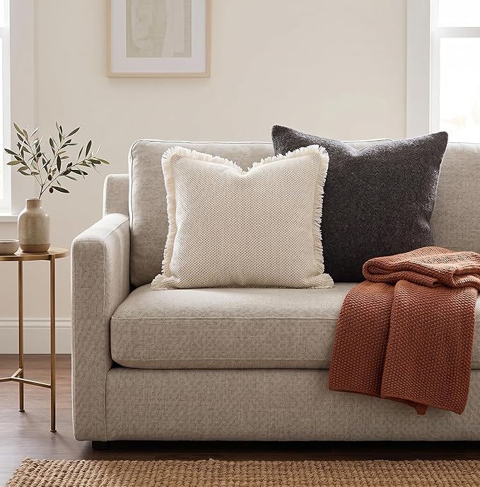 SanVia Cotton Throw Pillow Covers 20x20 – Handwoven Jacquard Texture, Fade-Resistant, No Pilling – Hidden Zipper, Decorative Cushion Cover for Sofa, Couch, Bed – Insert Not Included (Farmhouse, White)