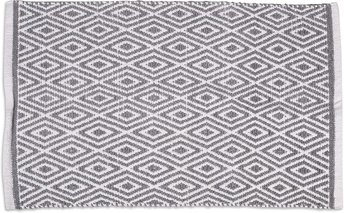 Chenille Cotton Diamond Rug 21x34 Inches - Light Grey, Reversible Small Soft Washable Front Door Mat Ideal for Kitchen, Entryway, Bathroom | Farmhouse Boho Accent Indoor Throw Rugs for Bedroom, Patio