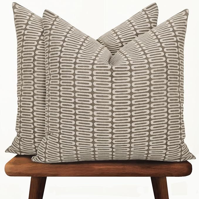 Hand-Block Printed, Artisan-Made Neutral Accent Throw Pillow Covers- 100% Cotton Cushion for Sofa, Bed, Chair, Home Decor, Boho, Indoor - Lana (Greige_3, 20" x 20")