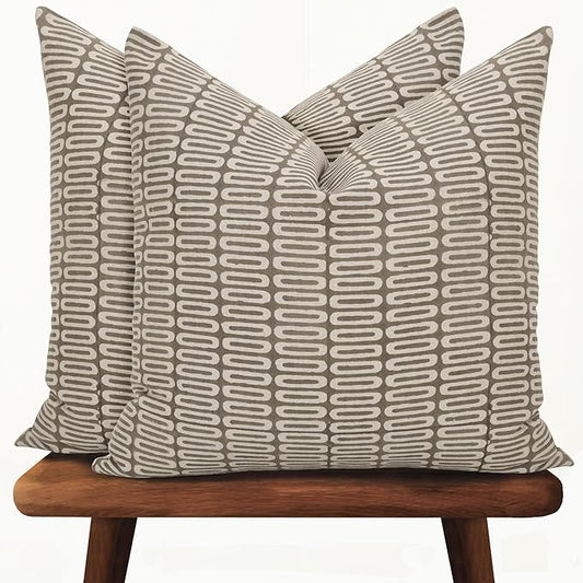 Hand-Block Printed, Artisan-Made Neutral Accent Throw Pillow Covers- 100% Cotton Cushion for Sofa, Bed, Chair, Home Decor, Boho, Indoor - Lana (Greige_3, 20" x 20")