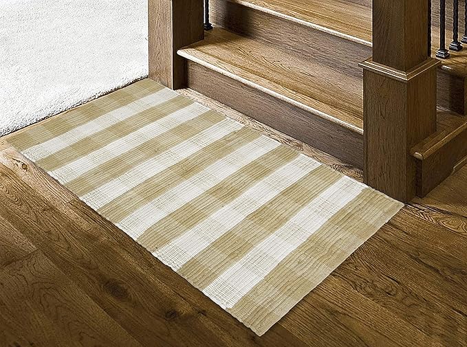 GLAMBURG Cotton Buffalo Check Plaid Rug, Washable Handwoven Checkered Rug, 22x34, Beige Natural, Kitchen Bathroom Outdoor Porch Laundry Living Room, Farmhouse Reversible Rag Rug