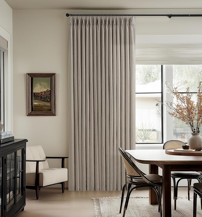 Taupe Pleated Linen Curtains 102 Inches Long for Living Room 2 Panels Set Greyish Beige Flax Pinch Pleat Drapes Back Tab Farmhouse Ceiling Floor 102 Inch Window Curtains Bedroom Burlywood Birch