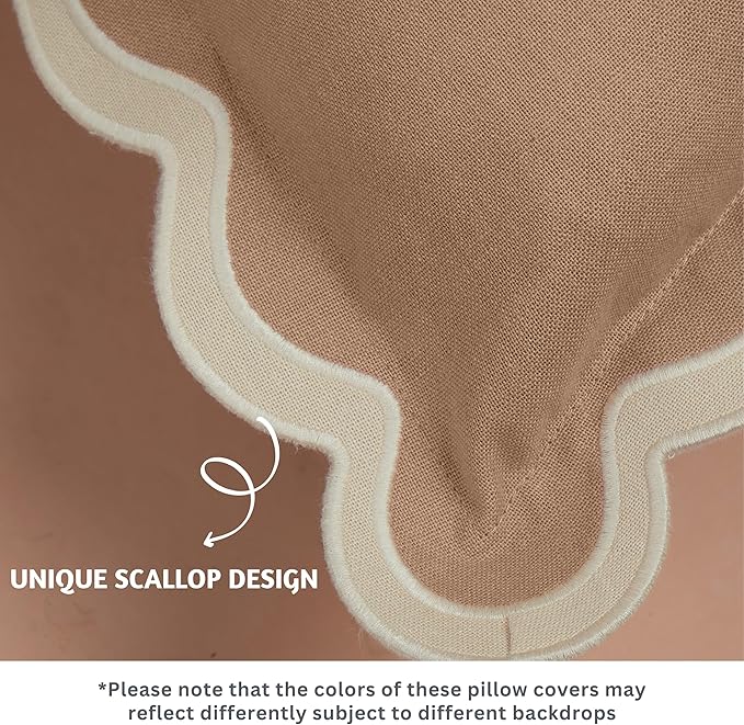Folkulture Throw Pillow Covers | (20 x 20) Set of 2 Cotton Scalloped Design | Cute Decorative Pillows | Outdoor Boho Aesthetic Decor for Couch | Brown Covers, Couch Pillows for Living Room