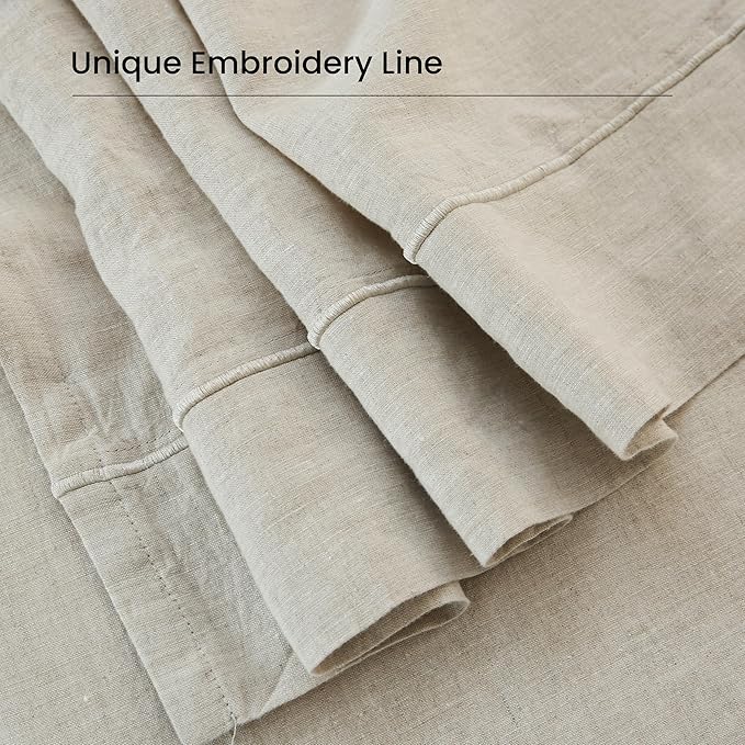 100% French Linen Pillowcases with Embroidery - Pack of 2 - Washed Solid Color Natural Flax Soft Breathable - Linen, 20'' x 40''