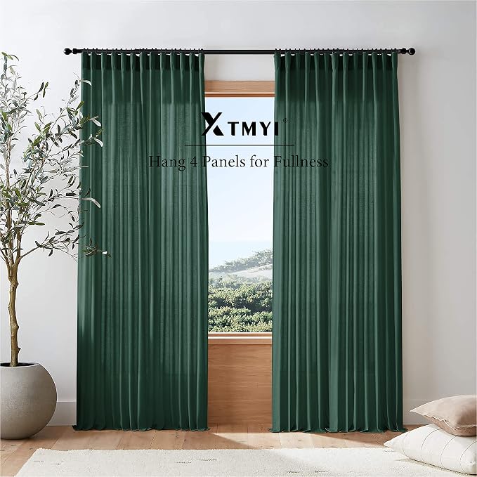 XTMYI Emerald Dark Green Curtains for Living Room 84 Inches Long 2 Panels Set Linen Rod Pocket Back Tab Hooks Pleated Hunter Green Vintage Retro Curtains for Bedroom Decor Dining Room