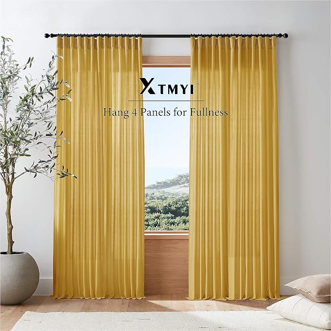 XTMYI Mustard Yellow Sheer Curtains 84 Inches Long for Spring Living Room 2 Panels Set Linen Textured Back Tab Pleated Gold Yellow Boho Retro Curtains for Bedroom Dining Room Kids Playroom,7ft Length