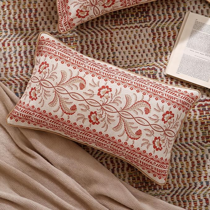 ISAENNE Design Euro Linen Rectangle Throw Pillow Covers 12"x20" Pack of 2, French Country Cushion Covers with Orange Morris Floral Pattern Decoration Pillowcases for Bed, Living Room, Outdoor, Car