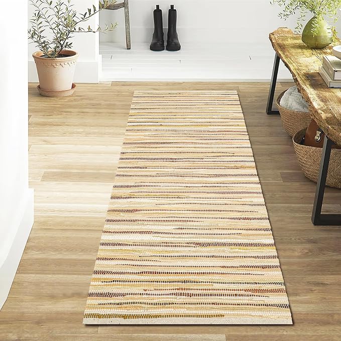 Cotton Hand Woven Chindi Runner Rug 2x6 Feet - Beige, Lightweight Decorative Soft Throw Indoor Floor Rag Rugs Ideal for Hallways, Kitchen, Bedroom | Linen Soft Braided Textured Carpet for Office Décor