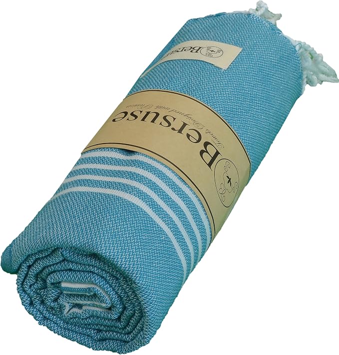 Bersuse Towels Anatolia XL Beach Blanket Throw Blanket Turkish Towel 100% Cotton Extra-Large Quick-Dry Lightweight Premium Peshtemal Towel - 61x82 Inches, Sea Blue