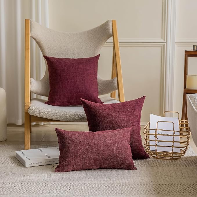 Home Brilliant 24x24 Euro Sham Pillow Covers Textured Lined Linen Throw Pillow Covers Decorative Vintage Pillow Cases for Wedding, 24 x 24 Inch, Set of 2, Wine Red