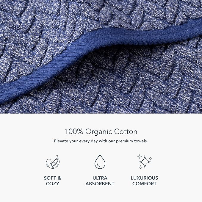 Texere 100% Organic Cotton Jacquard 650 GSM Premium Bath Towel Sets - Extra Absorbent Quick Dry and Plush (Cable, Estate Blue, 2 Bath & 2 Hand Towels)