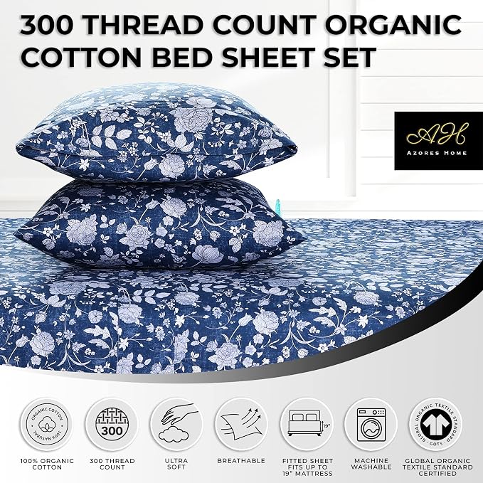 AZORES HOME Queen Organic Cotton Sateen Sheet Set - Deep Pocket, 300 Thread Count, 4-Piece Luxury Bedding, Kate Dark Blue