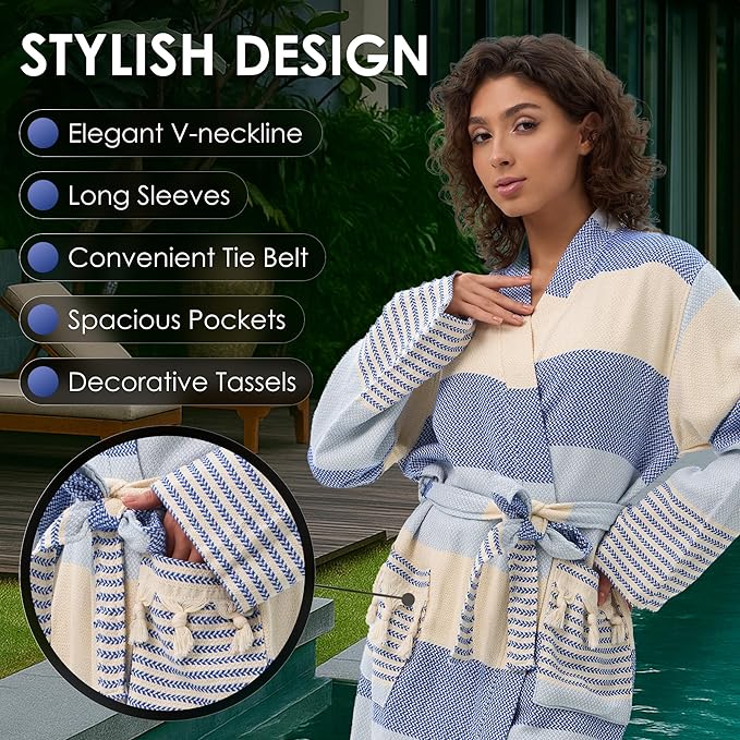 ATANI 100% Turkish Cotton Bathrobe S-XXL for Women & Men – Peshtemal Style Soft Cozy Lounge Robe, Absorbent & Lightweight