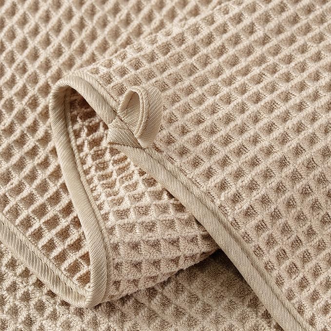 MICROFI New Microfiber Waffle Bath Towels, 2 Pieces, Soft, Absorbent, Fast Drying, Lint Free 430 GSM (Beige Striped)