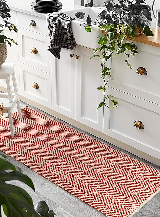 Cotton Chevron Hand Woven Area Runner Rug 2x6 Feet - Red, Farmhouse Decorative Floor Runners Ideal for Hallways, Kitchen, Bedroom | Nursery Durable Geometric Reversible Living Space Patio Mats