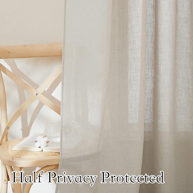 RYB HOME Semi Sheer Curtains - Linen Textured Curtains Light Filtering Privacy Panels for Patio Sliding Glass Door Office Large Window Decor, Angora, 52 inch Width x 108 inch Length, 2 Pcs