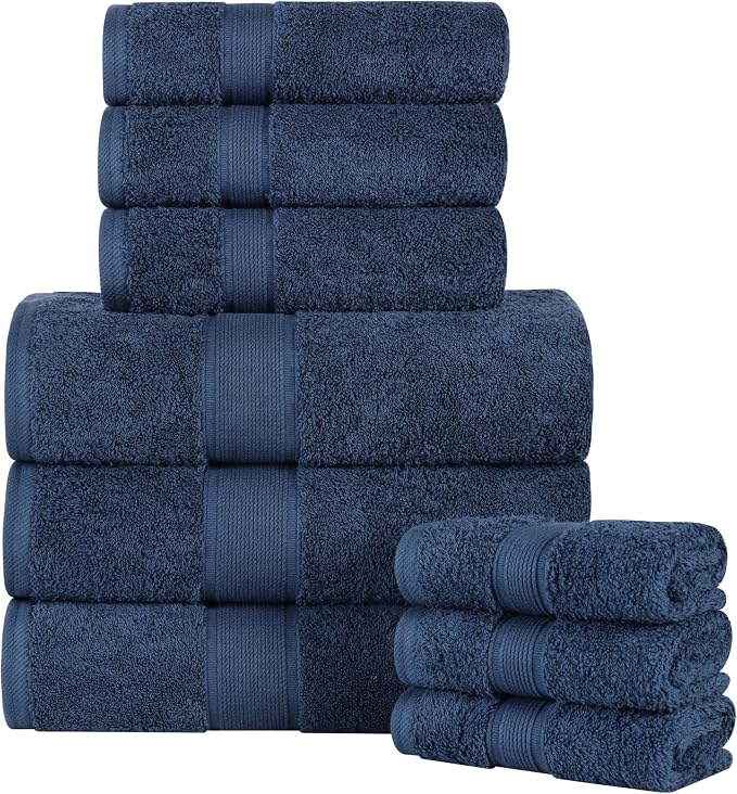 Superior 100% Organic Cotton 9-Piece Towel Set, 3 Bath Towels, 3 Hand Towels, 3 Face Towels/Washcloth, Daily Use, Bathroom, Guest Bath, Absorbent, Home Essentials, Oregon Collection, Navy Blue