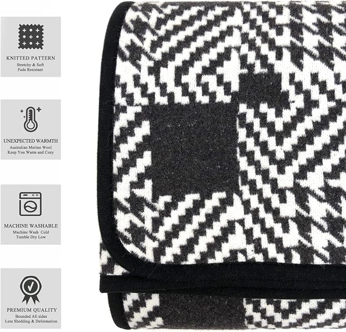 PuTian Merino Wool Blanket - 87" x 63" Thick Warm Soft Large Bed Throw - Great for Camping, Outdoors, Travel, Car, Couch, All Seasons Houndstooth Black