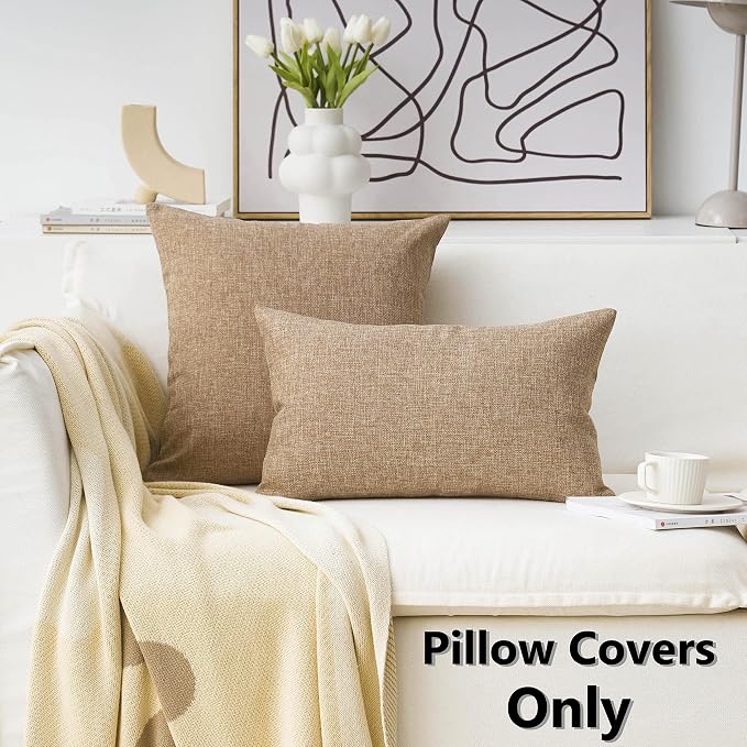 Home Brilliant 2 Pack Burlap Linen European Pillowcases Pillow Sham Large Cushion Covers for Sofa, 24x24 inches(60cm), Natural Linen