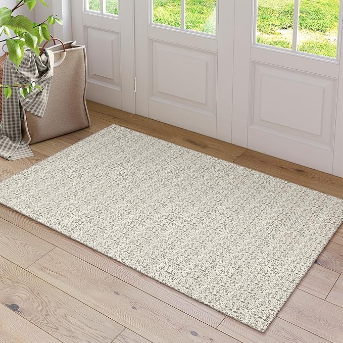 Collive Boho Washable Area Rugs 3x5 Kitchen Area Rugs Rubber Backed Woven Braided Carpet Non-Slip Farmhouse Bedroom Rugs Tan Indoor Front Door Rugs for Entryway Bathroom Balcony, Natural