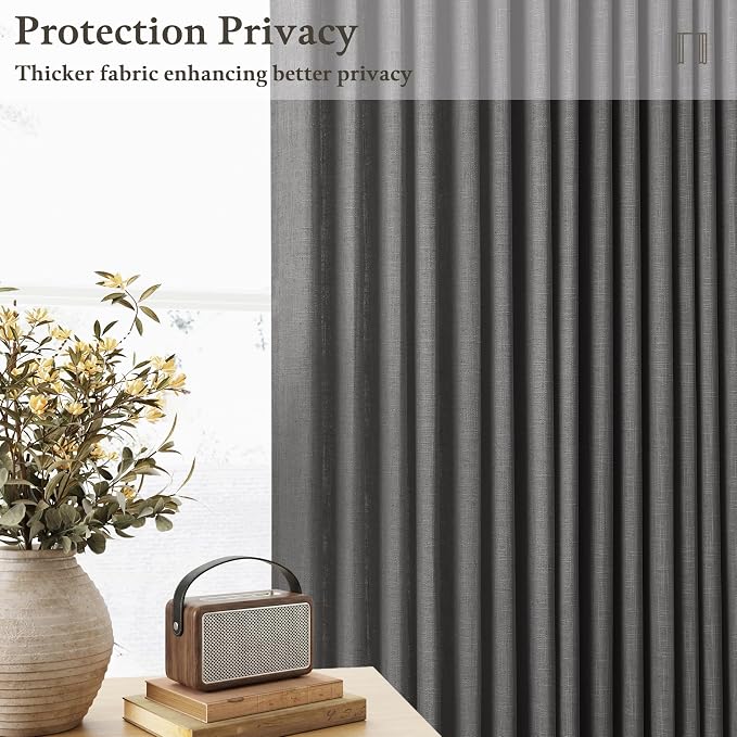 Dark Grey Pinch Pleated Linen Curtains 105 Inches Long for Living Room 2 Panels Set Memory Trained Viral Pleat Drapes Back Tab Light Filtering Neutral Charcoal Gray 105 Inch Length Window Curtains