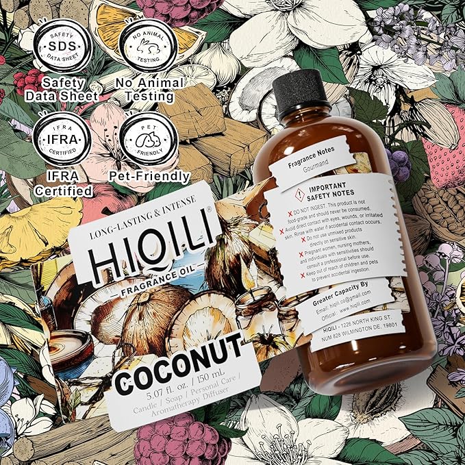 HIQILI Coconut Fragrance Oil for Soap, Candle Making & Diffuser | Ideal for Body Spray, Women's Perfume Making, Creamy Scents - 5.07 Fl Oz / 150 ML