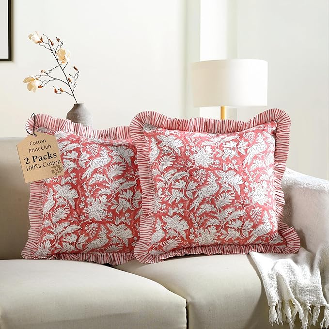 CPC Block Print Ruffle Throw Cover Pink Coral 16"x16" Inch Pack of 2-100% Cotton Ruffle Couch Decorative Boho Pillows Case for Living Room, Bedroom, Sofa, Farmhouse Gift for Spring, Mother's Day