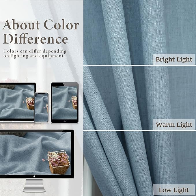 Pitalk Living Room Extra Wide 60 Inch Curtains 2 Panels Back Tab Pocket Light Blue Curtains for Sliding Glass Patio Doors Semi Sheer Linen Gray Grey Blue Curtain Farmhouse Total Width 120x84 Inch Long
