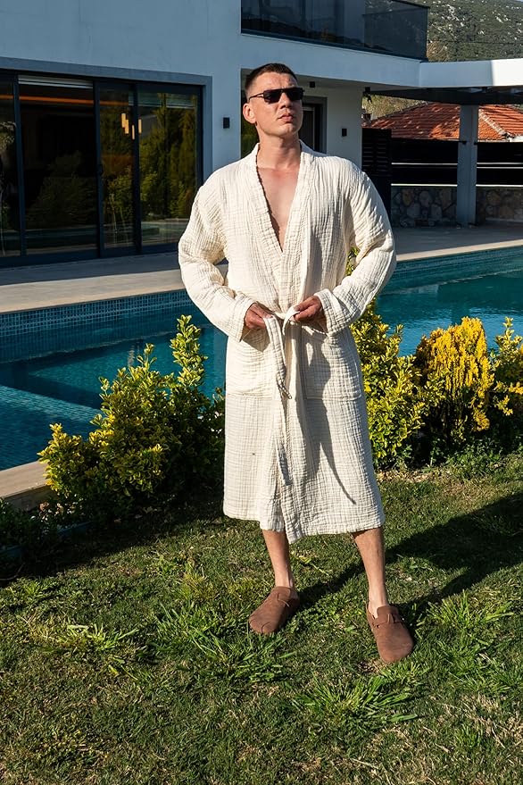 Muslin Unisex Bathrobe Women & Men, 100% Cotton Kimono Lightweight Robe | Long Robes Soft, Absorbent, Spa robes