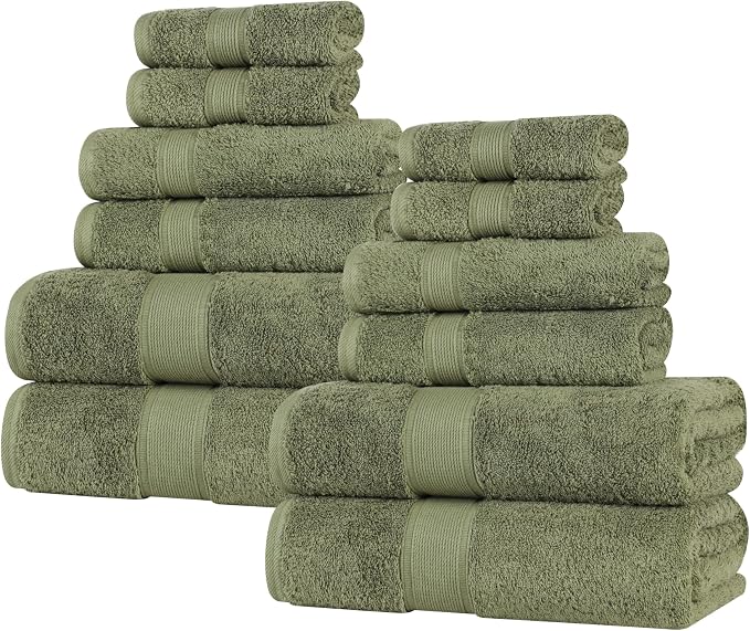 Superior 100% Organic Cotton 12-Piece Towel Set, Includes 4 Bath Towel, 4 Hand Towel, 4 Face Towel/Washcloth, Daily Use, Bathroom, Guest Bath, Absorbent, Oregon Collection, Forest Green