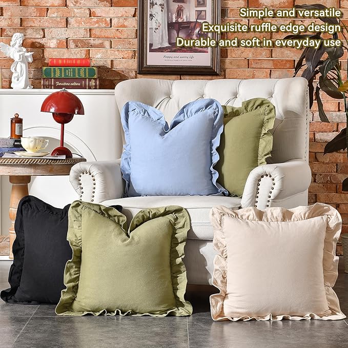 AmHoo Pack of 2 Throw Pillow Covers 100% Cotton Pre Washed Ruffle Decorative Pillowcase Cushion for Couch Sofa Bedroom 18 x 18-Inch Black