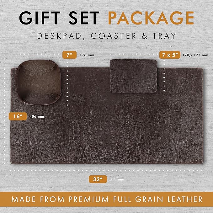 ELIZO Leather Desk Pad Real Leather Desk Mat Thick (3mm) Double Layer (32x16) Cover Blotter Desk Protector Large Computer Mat for Keyboard Mouse Pad Table Laptop Mat Office Accessories - Espresso