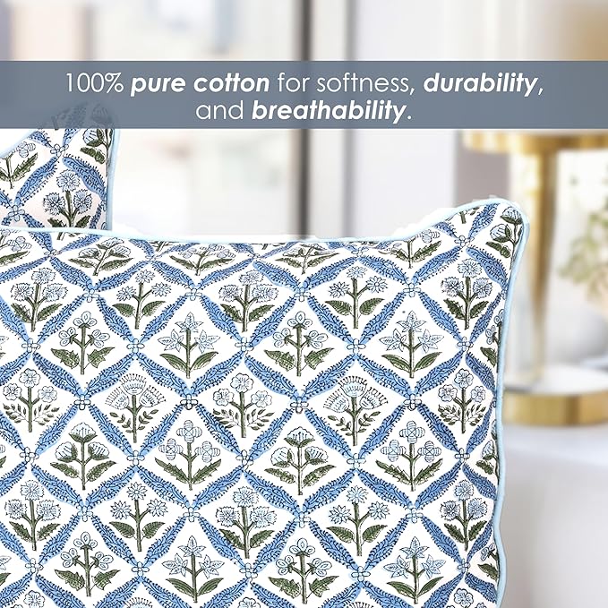 SheetKart Cotton Throw Pillow Covers - Set of 2 - Hand Block Cotton Printed Boho Decorative Pillow Covers - Cushion Covers for Living Room, Bohemian Theme, 16x16 Inches, Floral Blue