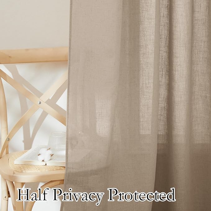 RYB HOME Long Linen Curtains 96 inches Long for Living Room, Light Airy Breathable Window Decor Linen Burlap 2 Panels Set for Laundry Room Home Office, W 70 x L 84 inches, Khaki, 2 Panels