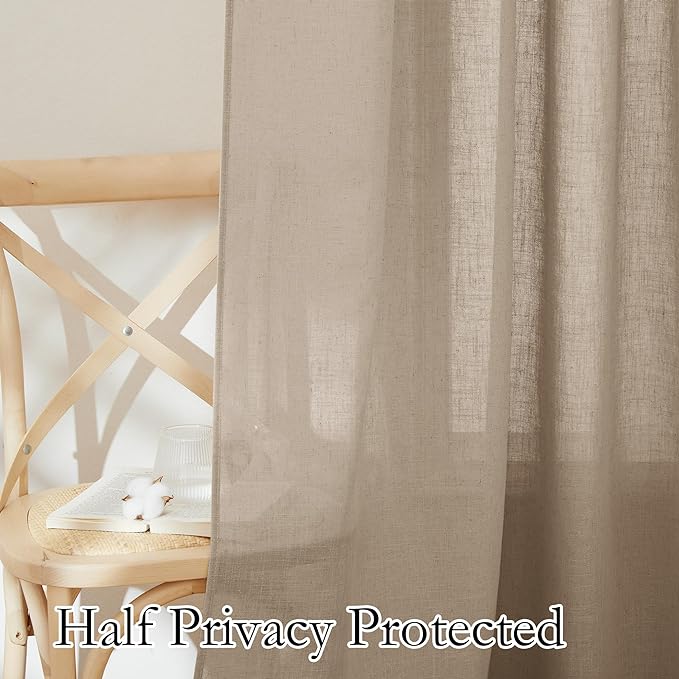 RYB HOME Linen Sheer Curtains for Living Room, Boho Classic Linen Blend Elegant Light Filtering Privacy Protected Panels Ceiling Curtains for Bedroom Gym Room, Khaki, 52" W x 108" L, 2 Panels