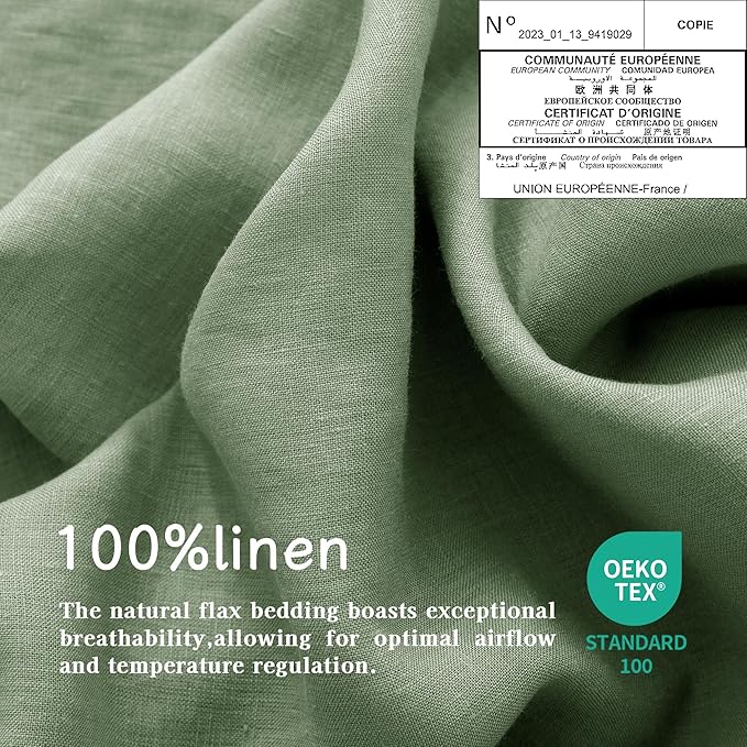 EVERLY Linen Sheets Set California King Size,100% French Stonewash Linen Sheets Set,4Pieces (1Flat Sheet,1Fitted Sheet,2Pillowcase) Suitable for Hot Sleepers Deep Pocket Natural Bedding Set-Saga Green