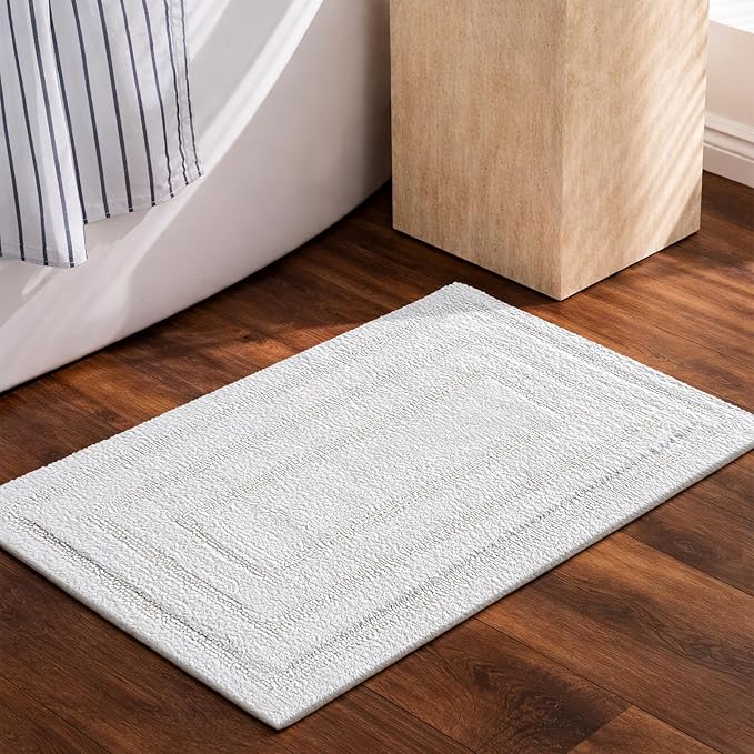 Bedding Craft Cotton Bath Mat Rug 21x34, Reversible Bathroom Rug, Water Absorbent, Machine Washable, Soft Cloth Bathmat for Outside Bathtub, Off White