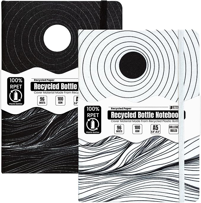 Better Office Products Recycled Plastic Bottle Notebook Journal, 8.3" x 5.8" (A5), 192 College Ruled Pages, Hardcover, Inner Pocket, Banded, Cover Made of Plastic Bottles (2, Black + White)
