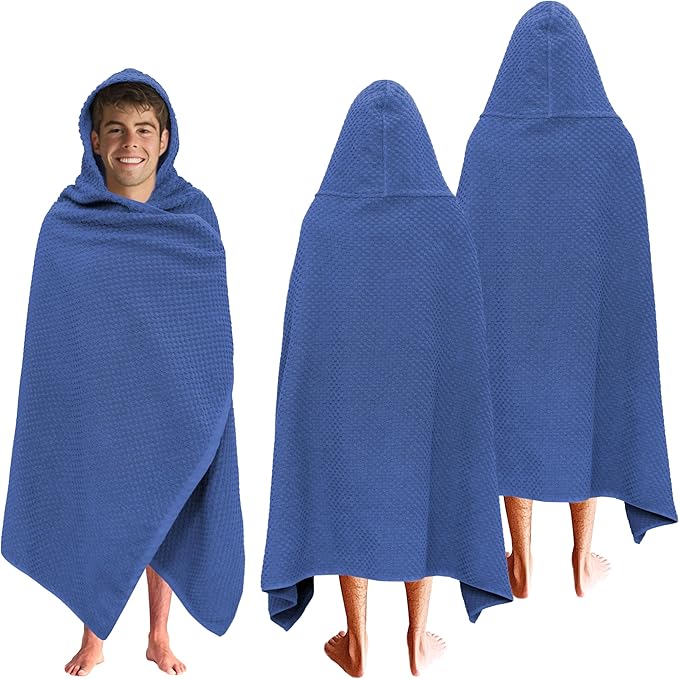 COTTON CRAFT Hooded Bath Towel – 2 Pack Oversized 35x70 Waffle Weave Towel with Hood for Adults - 100% Ringspun Cotton Pool Bath Sheet Wrap with Hood - Soft Super Absorbent Quick Dry – 450 GSM – Blue