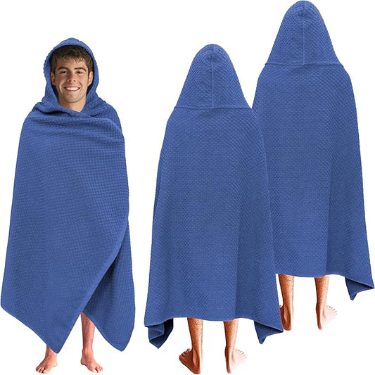COTTON CRAFT Hooded Bath Towel – 2 Pack Oversized 35x70 Waffle Weave Towel with Hood for Adults - 100% Ringspun Cotton Pool Bath Sheet Wrap with Hood - Soft Super Absorbent Quick Dry – 450 GSM – Blue