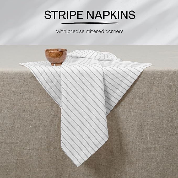 Ash Grey Stripe Cloth Napkins Set of 12, 18x18 Inch, 100% Cotton, Reusable and Washable Fabric, Soft, Classic Striped Table Dinner Napkin for Everyday Dining, Luncheon, Formal Events