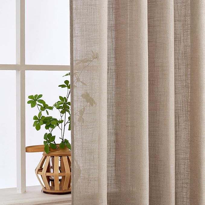 MIULEE Taupe Linen Curtains 108 Inches Long for Bedroom Living Room, Soft Thick Linen Textured Window Drapes Semi Sheer Light Filtering Rod Pocket Back Tab Burlap Look Farmhouse Decor, 2 Panels