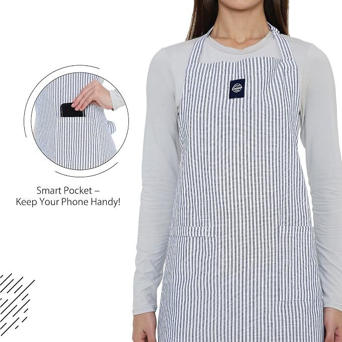Encasa XO Cotton Kitchen Aprons for Women & Men with Pocket & Towel Loop, Adjustable Neck & Back Strap for Cooking, Baking