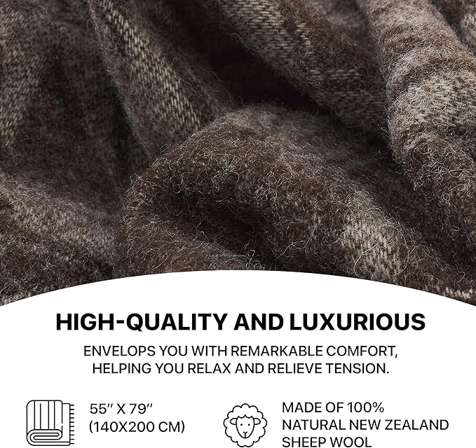 | Wool Blanket/Throw | 100% New Zealand Wool | Perfect for Home and Outdoors | Virgin Wool Blanket with Fringes 55"x79" (140 x 200 cm) (Brown Leaves)