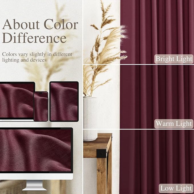 Extra Long Burgundy Linen Curtains 120 Inch for Living Room 2 Panels Set Rod Pocket Back Tab Light Filtering Semi Sheer Linen Window Drapes Privacy High Ceiling Drapes for Farmhouse 52x120