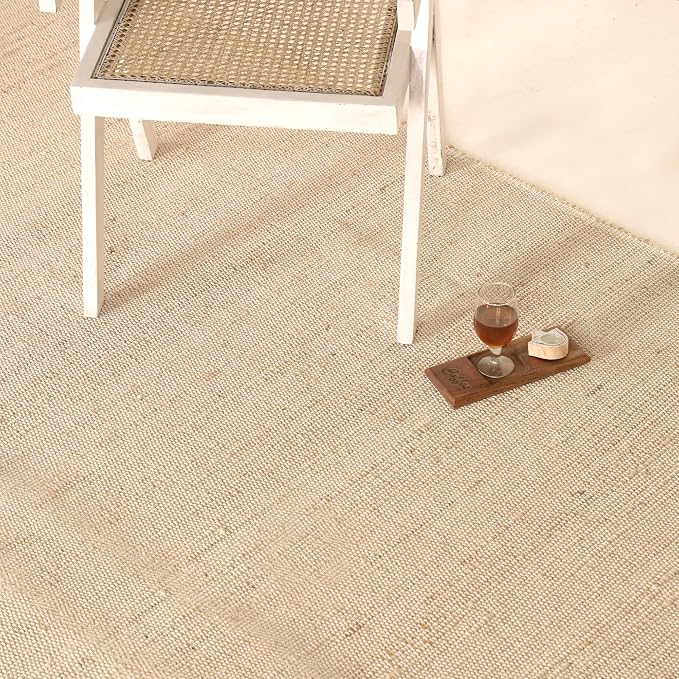 Natural Cotton Jute Area Rug 8x10 Feet – Rustic Vintage Bohemian Décor Handwoven Braided Farmhouse Rug for Living Room Bedroom & Dining Room