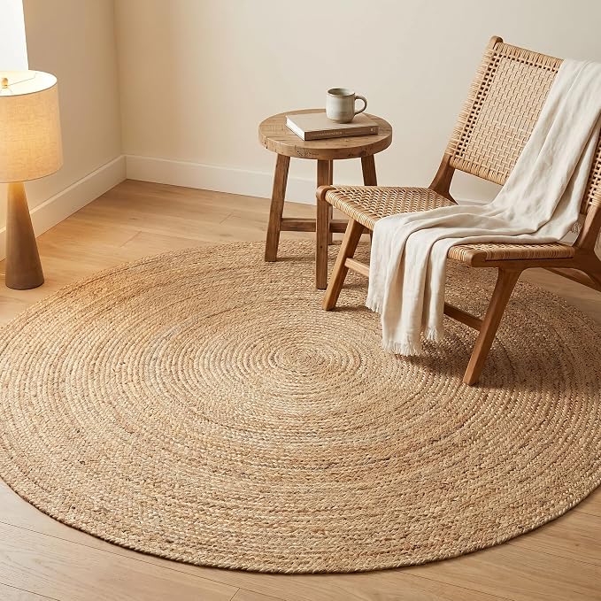 THE BEER VALLEY Jute Braided Area Rug 6 Feet Round - Natural | Reversible Handwoven Circle Rug for Living Room, Bedroom, Nursery - Large Farmhouse Indoor Décor Floor Mat
